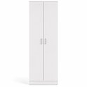 Haute armoire blanche à 2 portes fermées et 2 poignées.