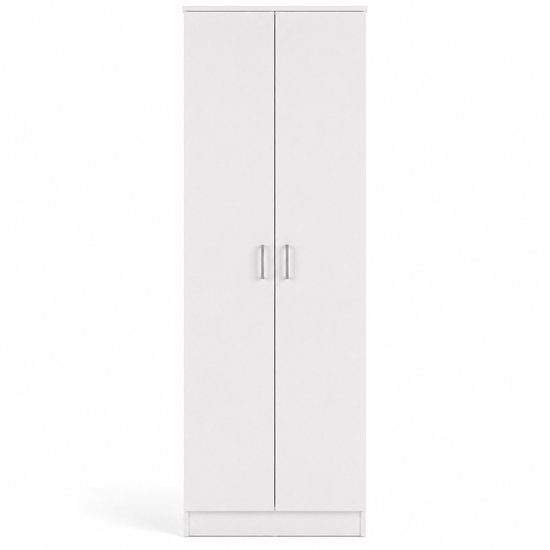 Haute armoire blanche à 2 portes fermées et 2 poignées.