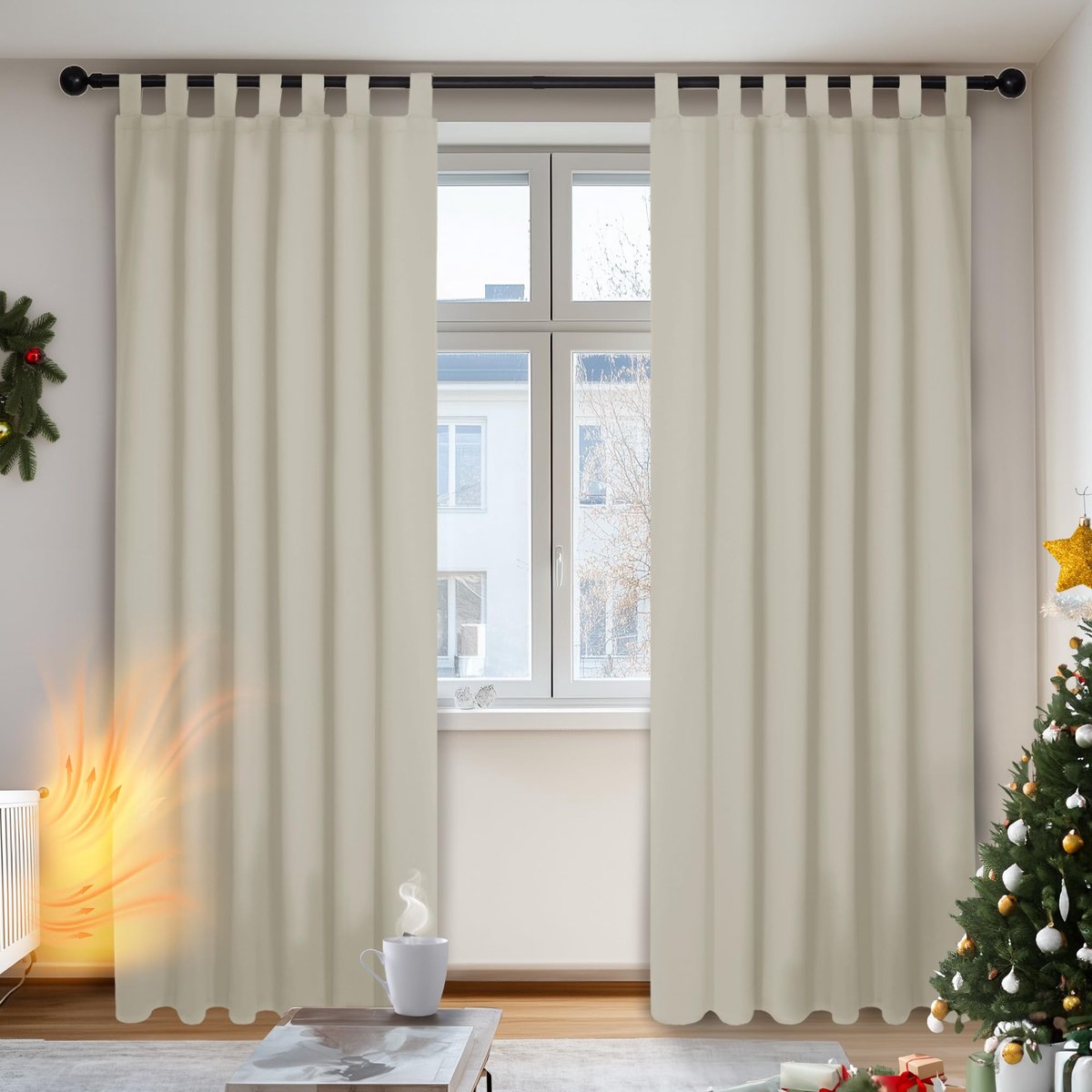 Famanu Thermische verduisteringsgordijnen met lussen, voor woonkamer, 140 x 220 cm, beige, set van 2 stuks Crème