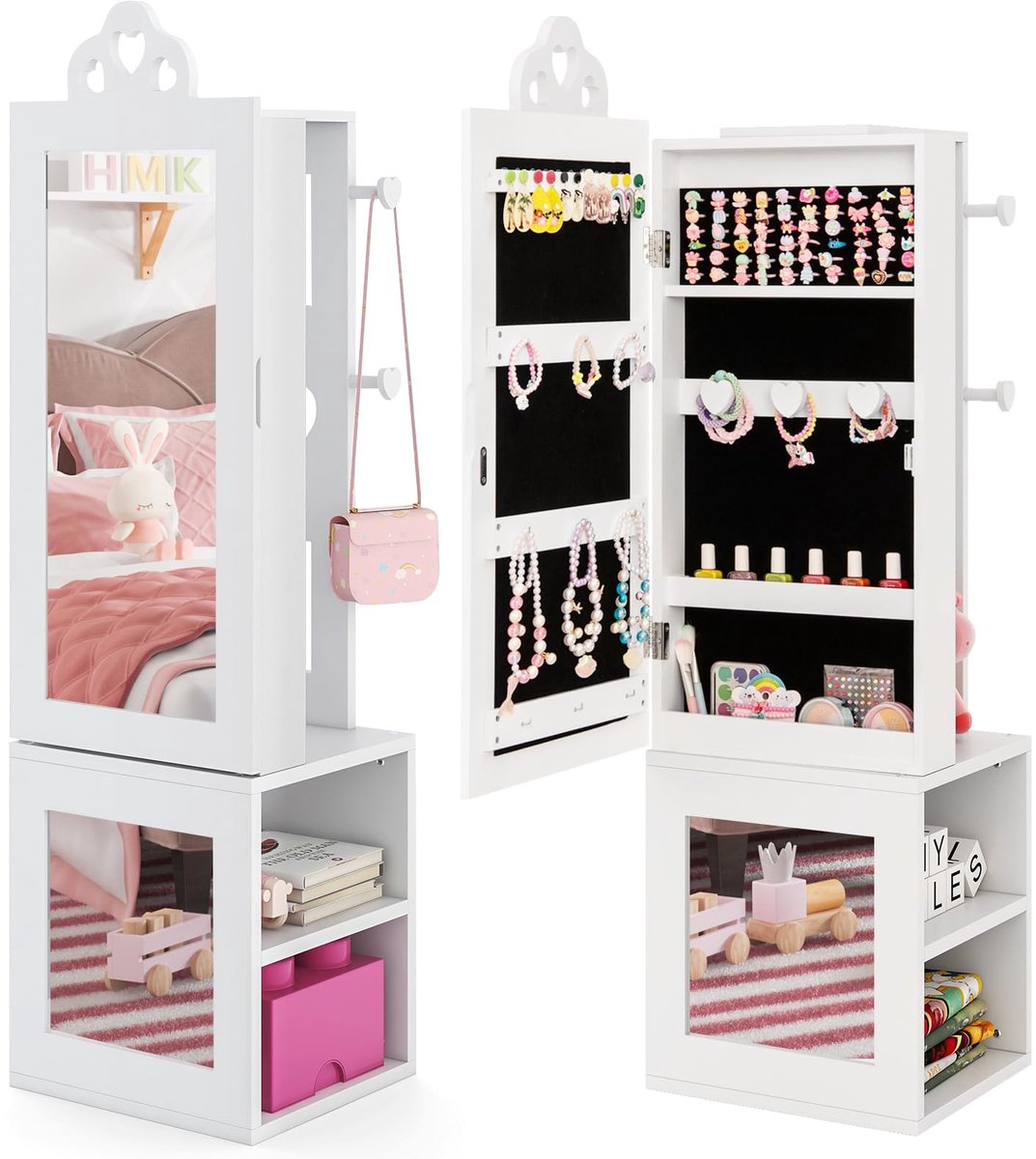Famanu – Sieradenkast voor kinderen, 3-in-1 spiegelkast met full-body spiegel en kledingstandaard, sieradenorganizer voor meisjes vanaf 3 jaar, wit