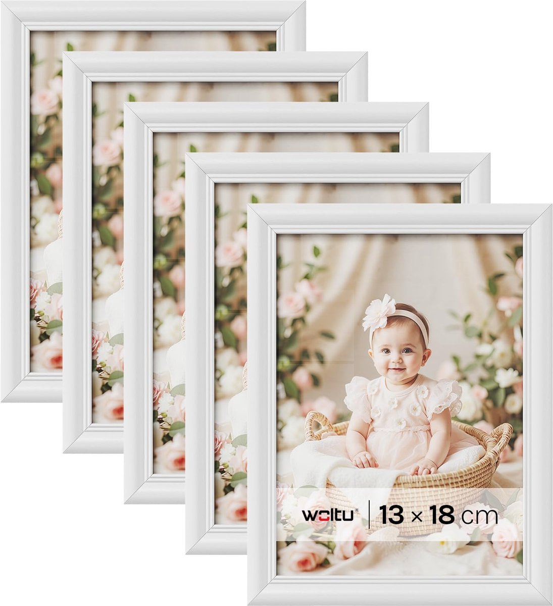 Famanu Set van 5 fotolijstjes in wit, houten en glas, decoratieve fotolijstjes 13x18 cm, ideaal voor thuisdecoratie