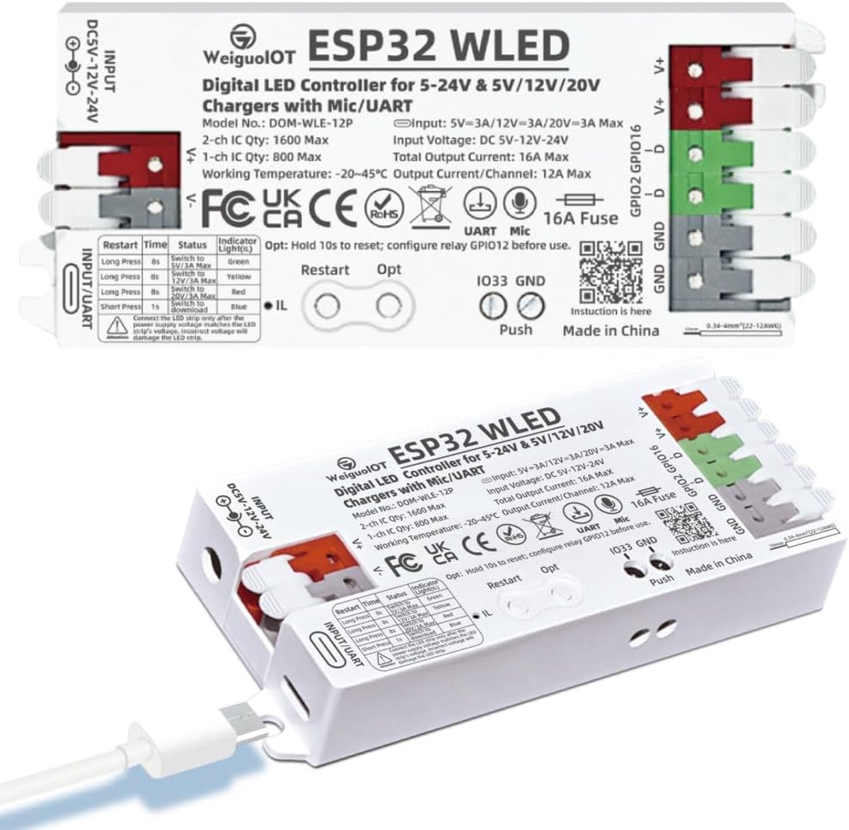 ESP32 WLED Controller, Digital LED Strip Controller, USB-C, 5-24V, 16A Max, App Control for Addressable Strips WS2811 - ShopVlot