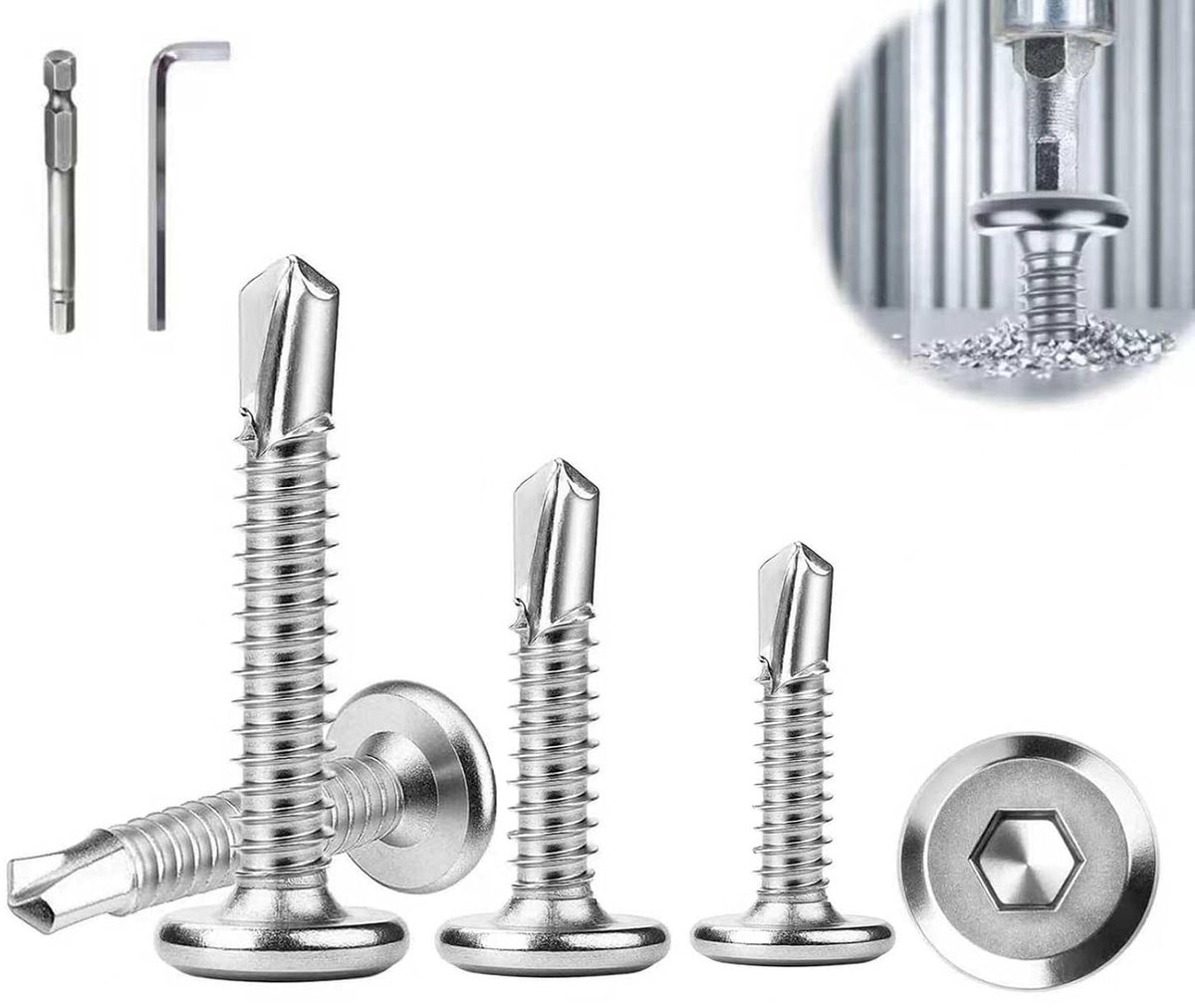 Pack of 100 Self Tapping Screws, 410 Stainless Steel, Flat Head Hex Socket Screws, 0.5 x 25 mm, Drill Screws, Silver - ShopVlot