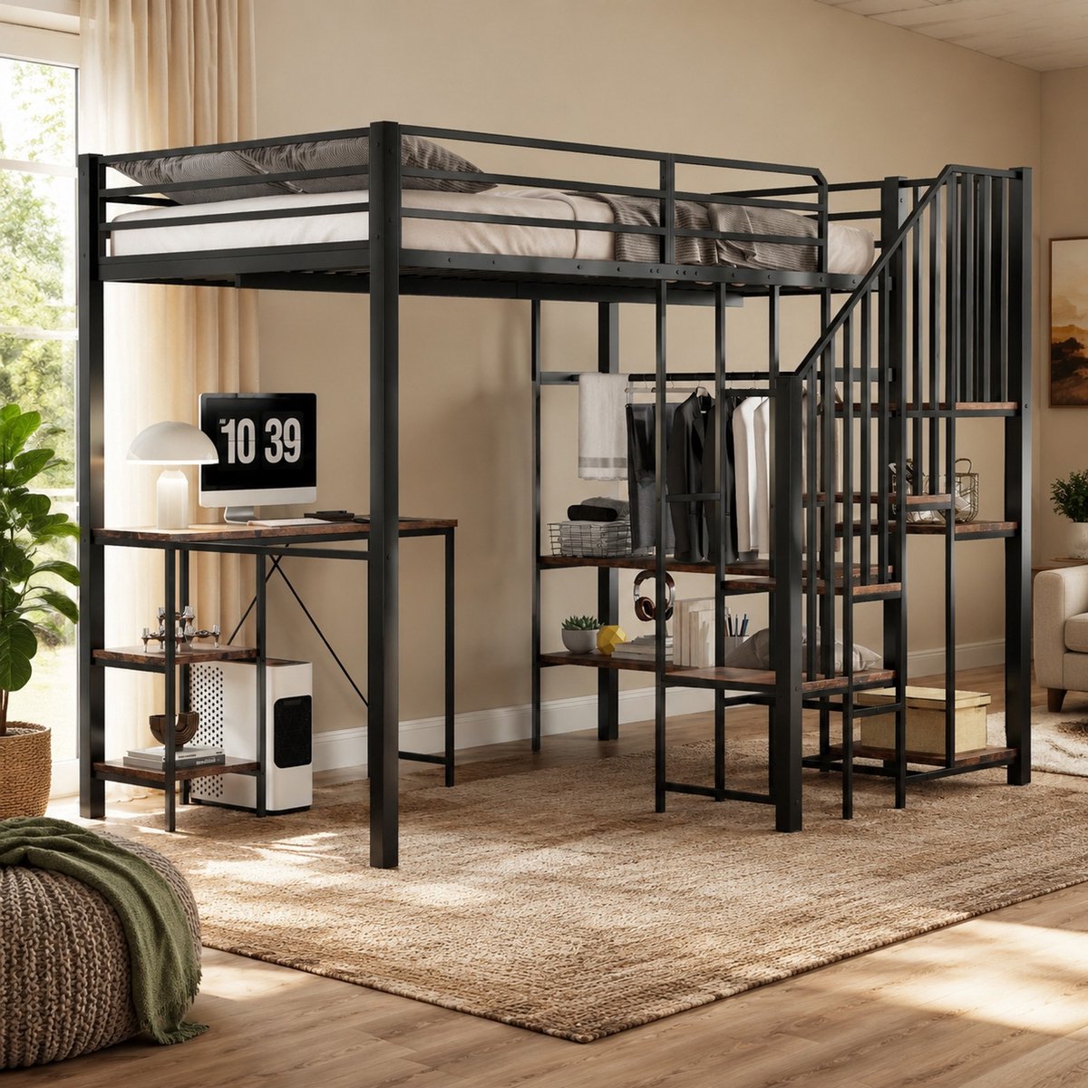 MEUNIQ metalen stapelbed 120x200 cm met bureau, open planken, open kledingkast en 4-traps hoektrap voor slaapkamer, zwart White+Natural