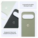 Drie Google Pixel telefoonhoesjes in lichtgroen, donkergrijs en gebroken wit met Google G-logo.