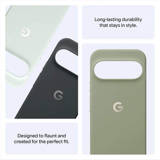 Drie Google Pixel telefoonhoesjes in lichtgroen, donkergrijs en gebroken wit met Google G-logo.