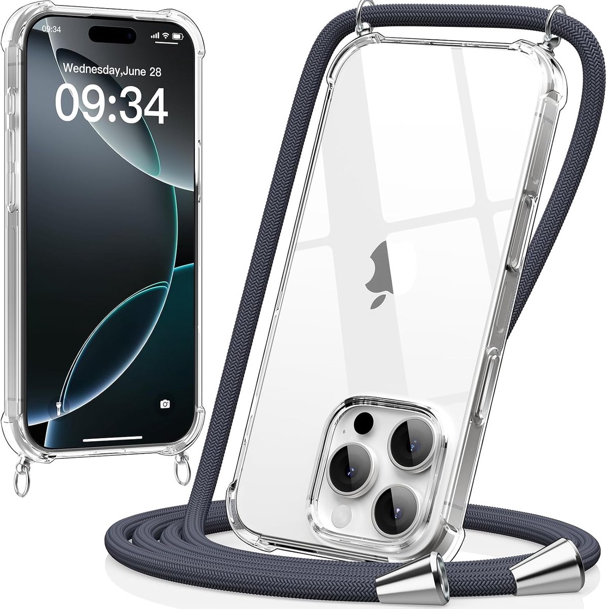 caslord Beschermhoes met koord voor iPhone 16 Pro Max, mobiele telefoon, transparant, met verstelbaar koord, lengte - ShopVlot