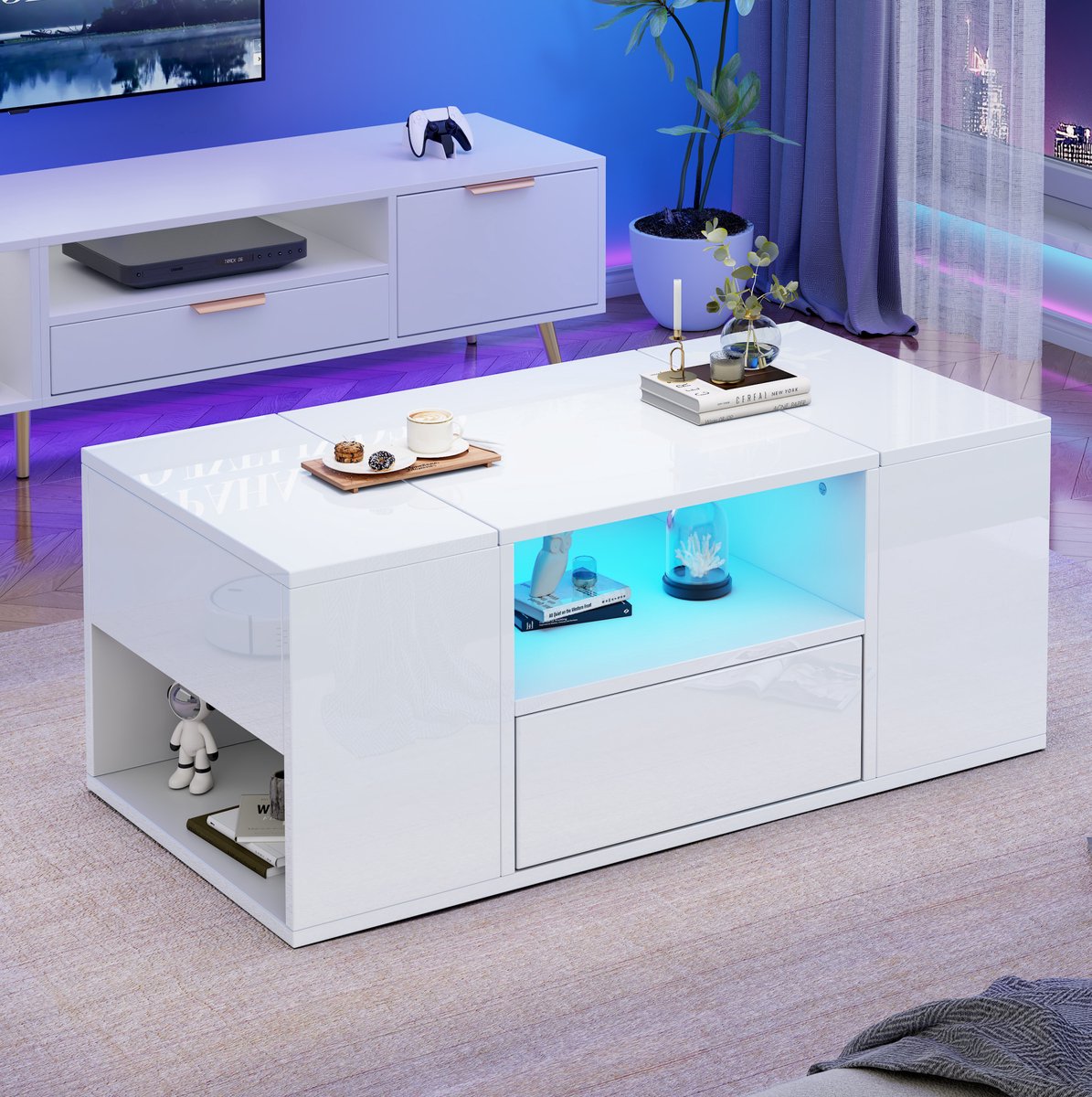 MODENUIT Salontafel - Hoogglans Met Led En Lade - Woonkamer Met Opbergruimte - Spaanplaat - Wit - 100 X 50 X 40 Cm