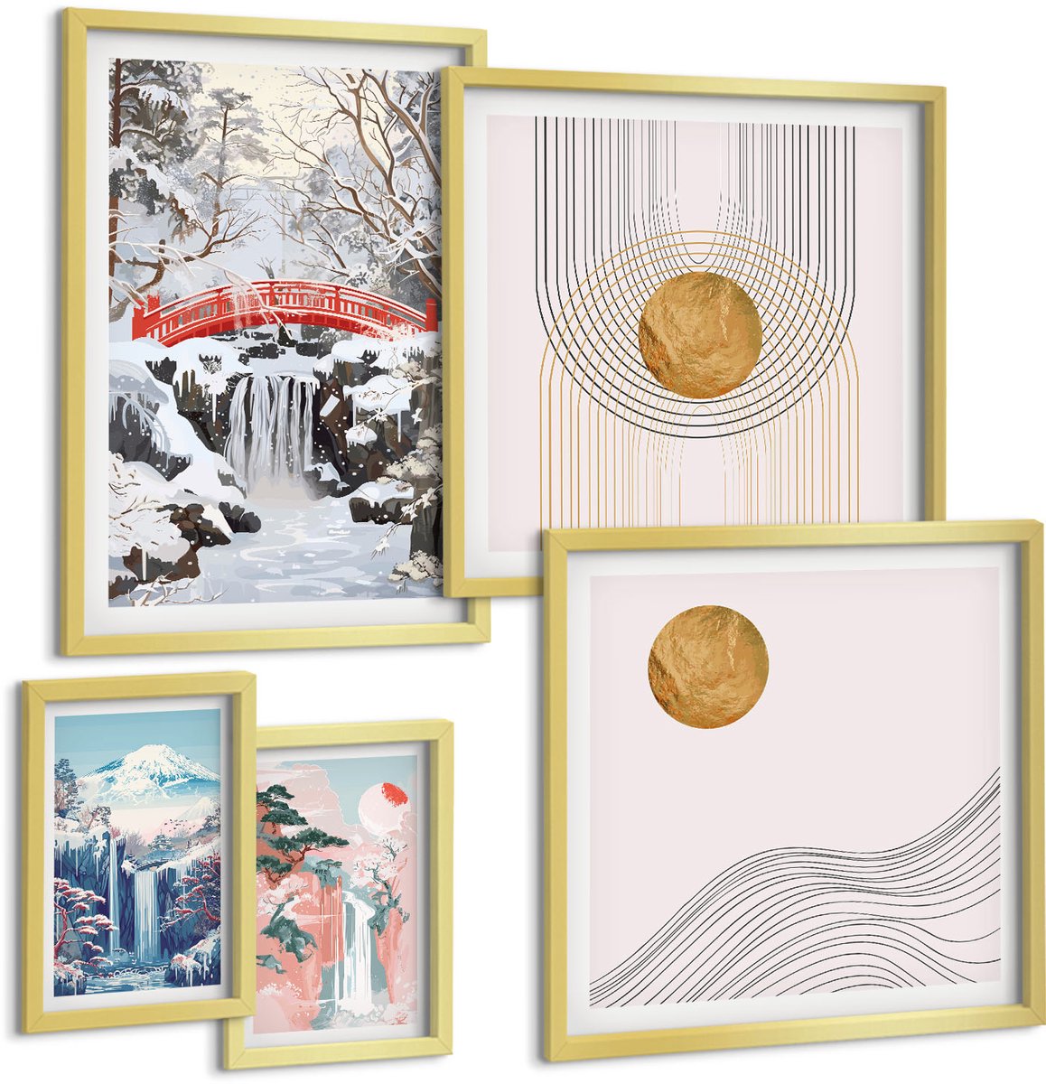TULUP 5-Delige Schilderij Set - Landschappen met watervallen en bruggen in Japanse stijl. - 50 x 50 cm, 20 x 30 cm en 40 x 60 cm - Decoratieve Schilderijen - Wanddecoratie - Hal - Muurdecoratie Gouden lijst