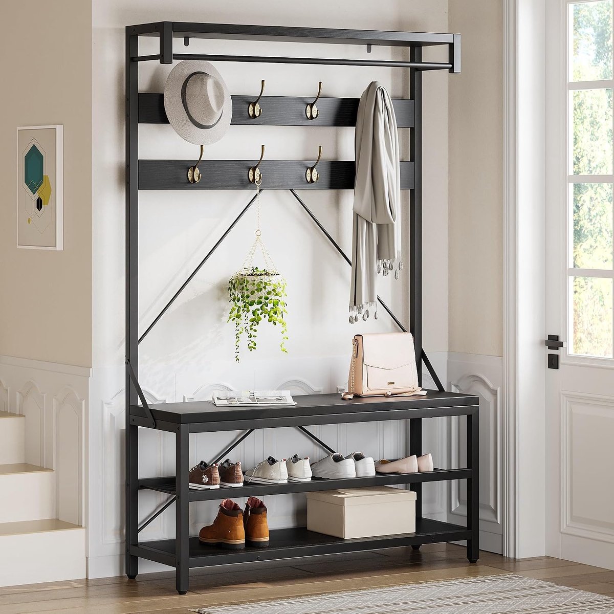 Kapstok met schoenenbank voor de hal, vrijstaande kapstok in industriële stijl – 8 haken, kledingstang, bovenste plank, bankje met 2 niveaus, 40 x 101,5 x 183 cm, zwart