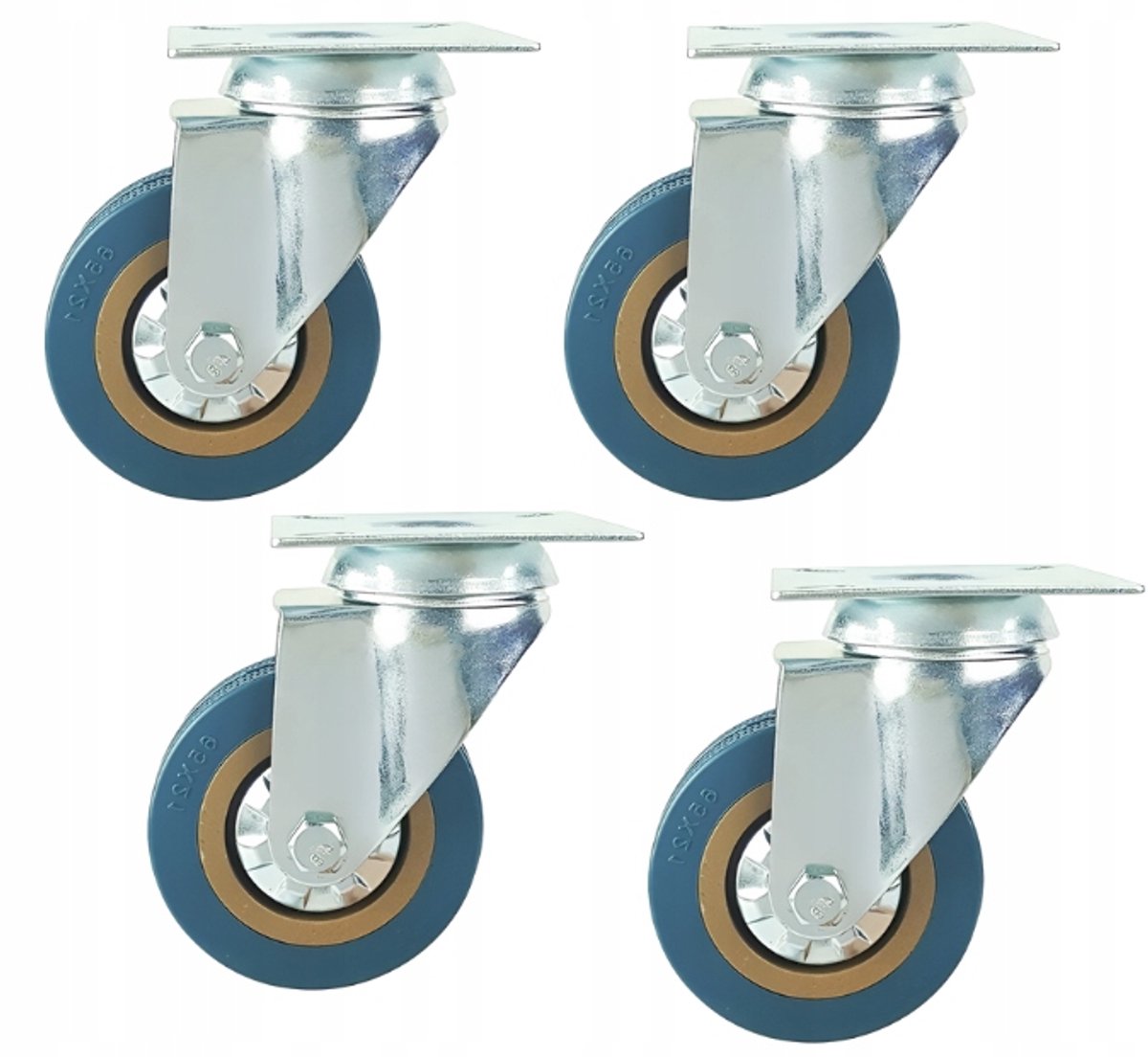4 Zwenkwielen 100mm/55kg PVC - Blauwe Band, Magazijn