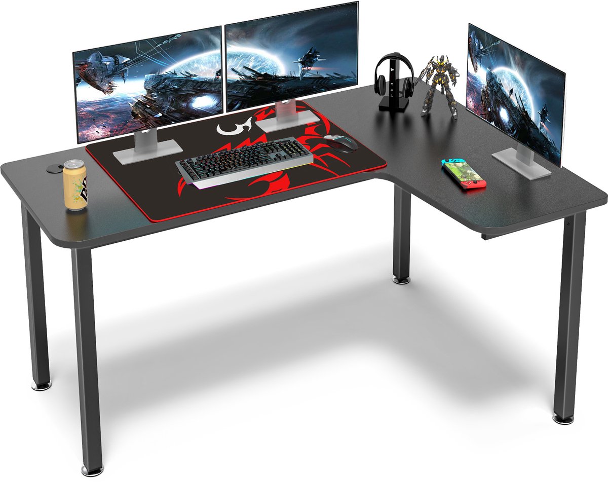 LAPAMAX bureau voor thuiswerken en studeren - gamingbureau met ruim zwart werkblad - L-vormig hoekbureau rechts - circa 157,5 x 111,8 x 76,2 cm - P2-spaanplaat met metalen poten - inclusief waterafstotende muismat