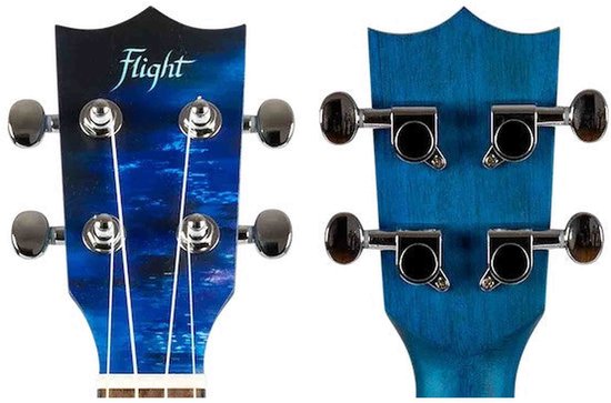 Ukulele kopstukken met Flight logo en zilveren stemknoppen. Abstracte blauwe print.