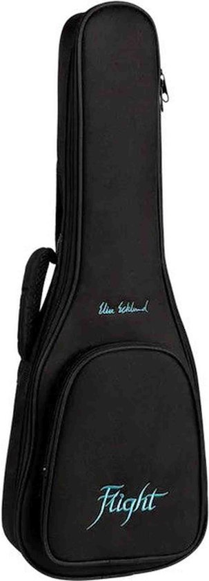 Zwarte draagtas voor een concert ukulele, met Flight logo en handtekening.