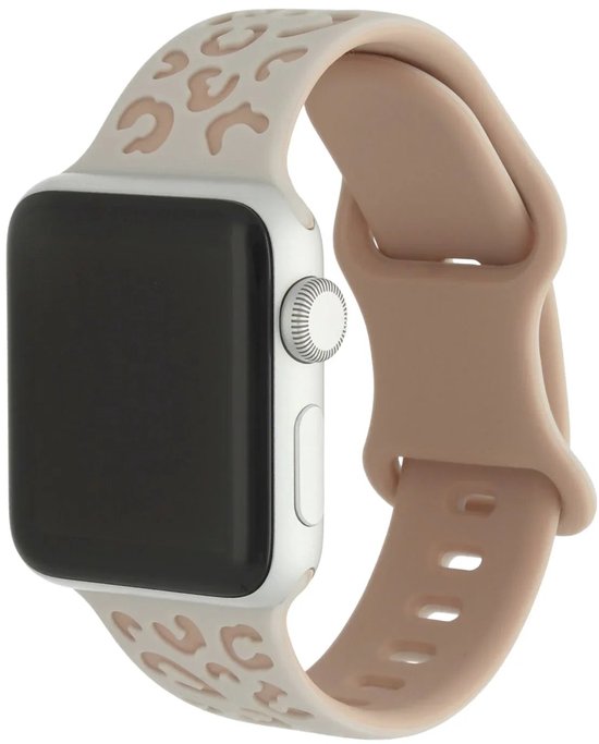 Apple Watch bandje in sterrenlicht roze met beige luipaardprint en een beige bandje.