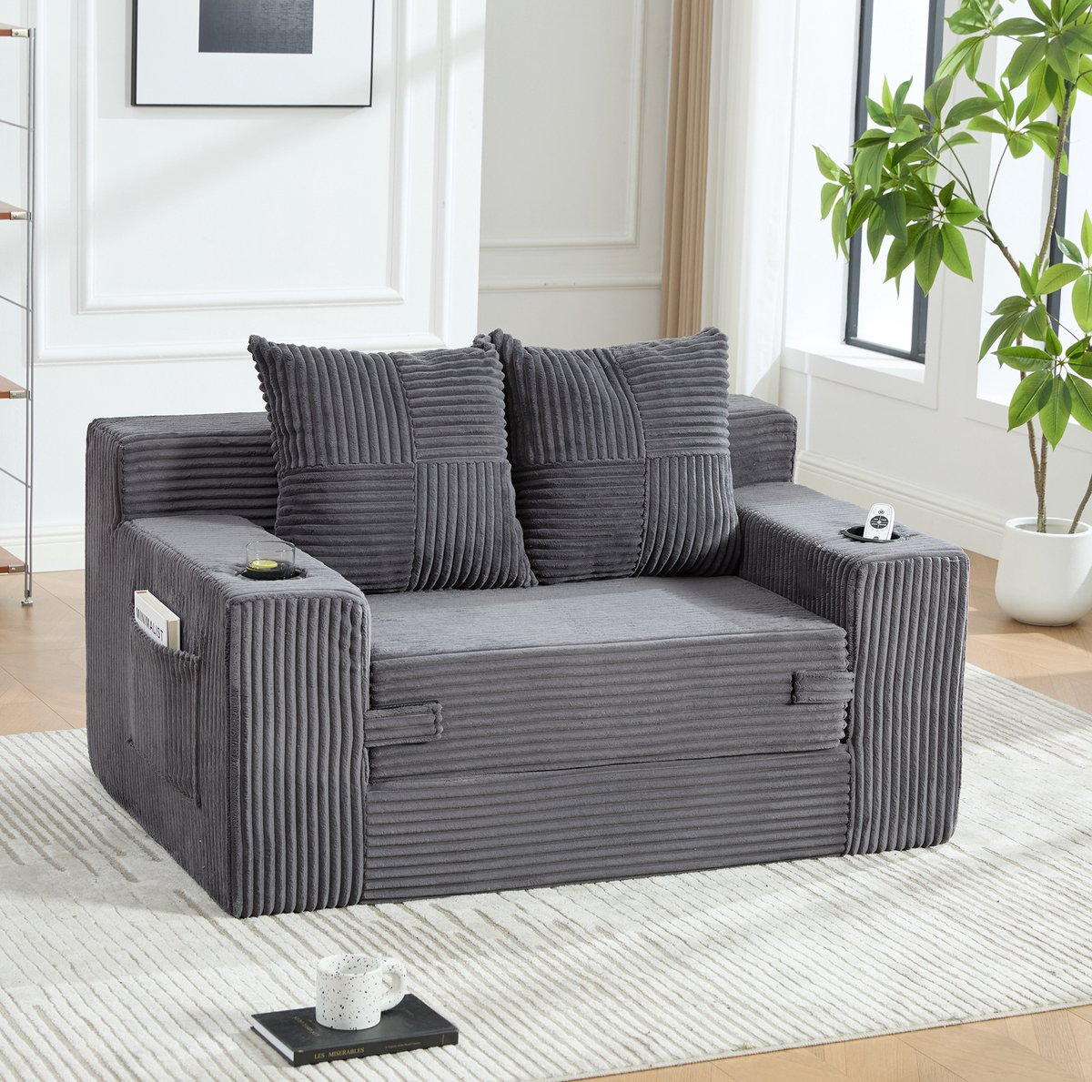 OKWISH Slaapbank – 2-Zits 151 x 133 x 64 cm – Met 2 Kussens, Bekerhouder & Opbergruimte – Voor Woonkamer, Leeshoek of Studio – Ribstof – Grijs