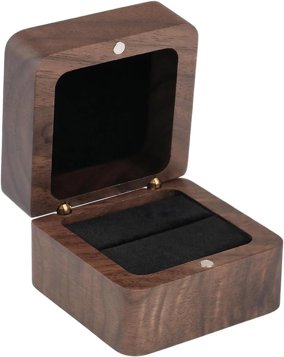 Vintage handgemaakte ringendoos van massief walnoothout, 5,5 x 5,5 x 3,8 cm, bekleed met fluweel, voor - ShopVlot