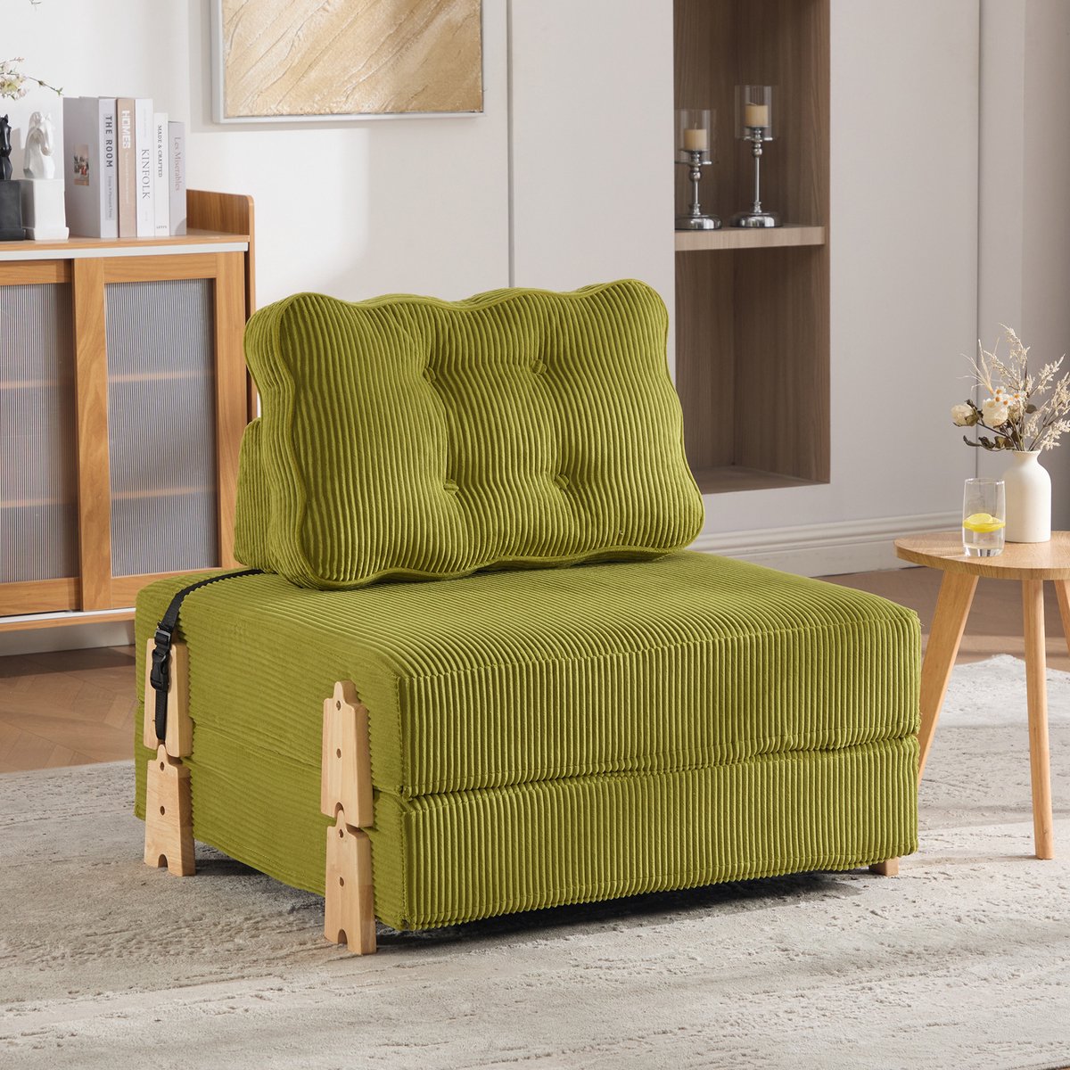 STILVORA Fauteuil 90 x 86 x 84 cm Opklapbaar Naar Bed Voor Kleine Woonkamer En Slaapkamer Cord Olijfgroen Scandinavisch Met Houten Poten