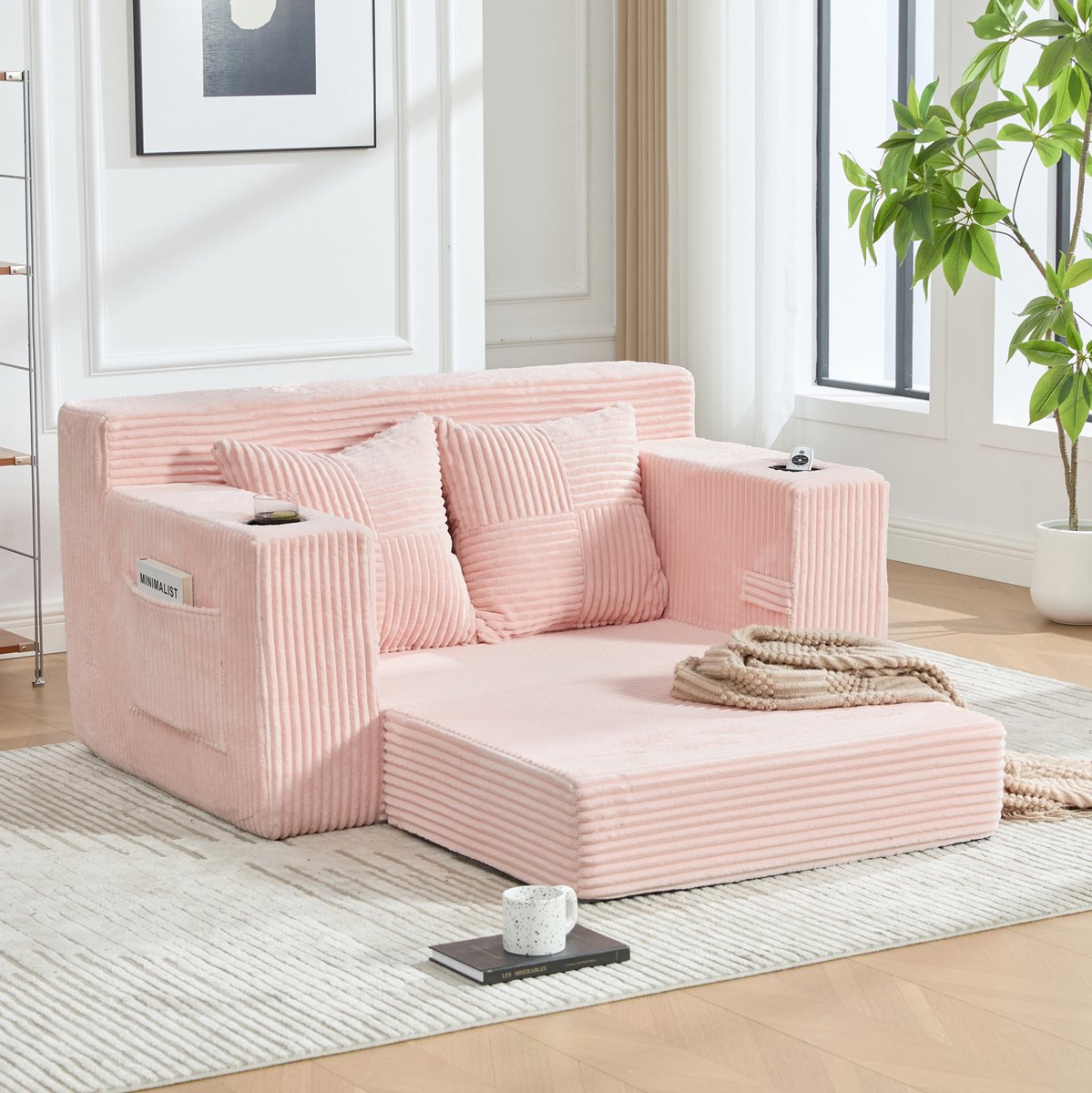 STILVORA Slaapbank 2-Zits 151 X 133 X 64 Cm - Met 2 Kussens Bekerhouder En Opbergruimte - Voor Woonkamer En Leeshoek - Ribstof - Roze