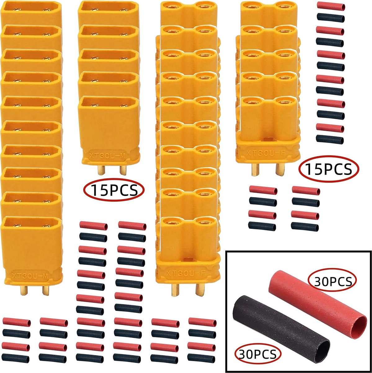 HUAZIZ 15 Pairs XT30 Male Female Battery Connectors XT30U Male Female Bullet Connectors Round Plug Socket with Heat - ShopVlot