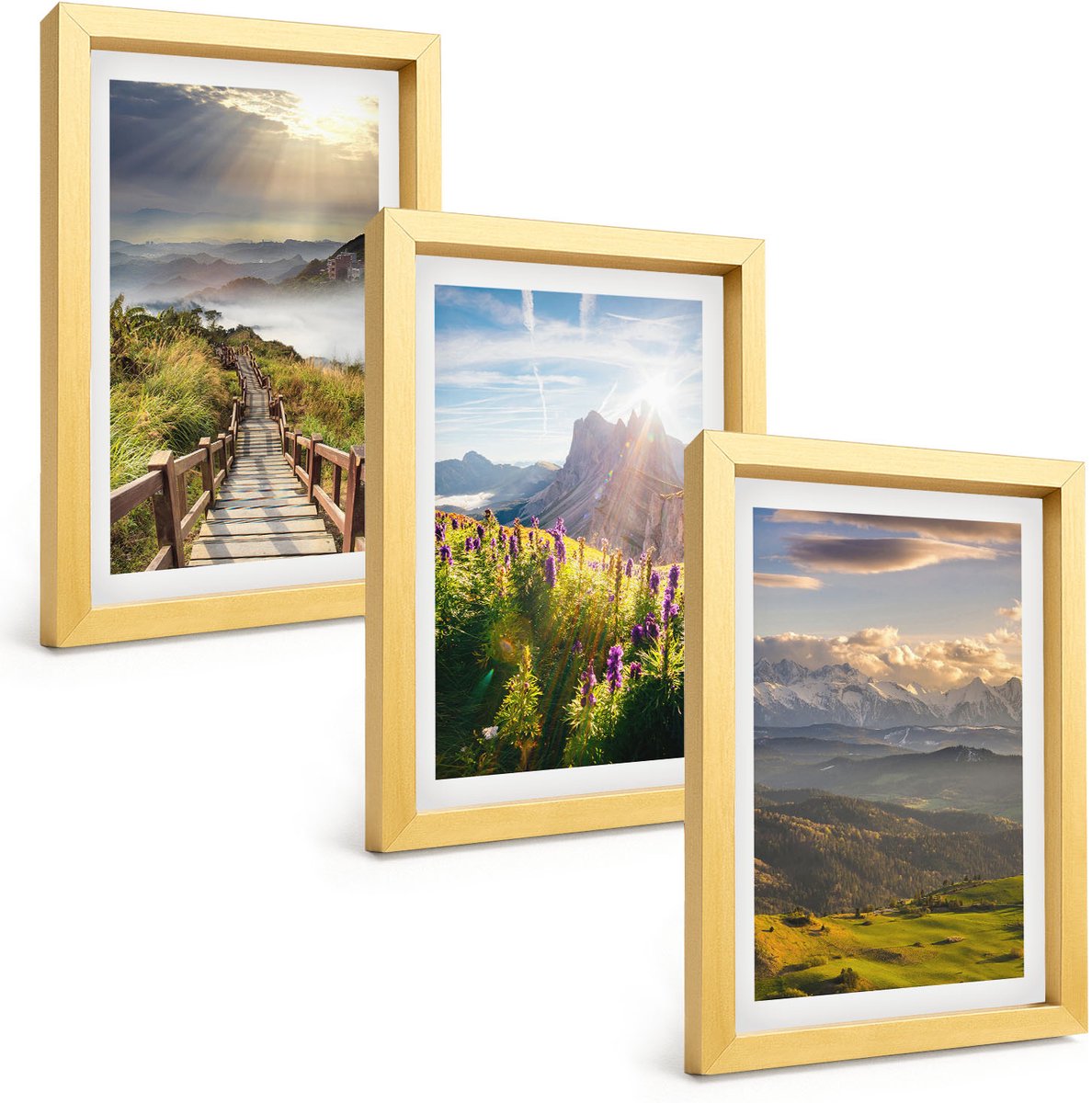 TULUP 4-Delige Schilderij Set - Berglandschappen met bloemen, lucht en pad. - 20 x 30 cm - Muurdecoratie - Interieur Decoratie - Stijlvolle Muurdecoratie Gouden lijst