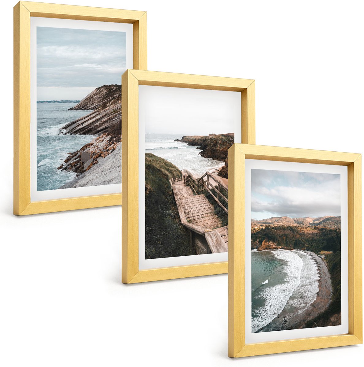 TULUP 4-Delige Schilderij Set - Uitzicht op zee met kliffen en strandlandschappen - 20 x 30 cm - Wanddecoratie - Schilderijen Set - Kantoor - Stijlvolle Muurdecoratie Gouden lijst