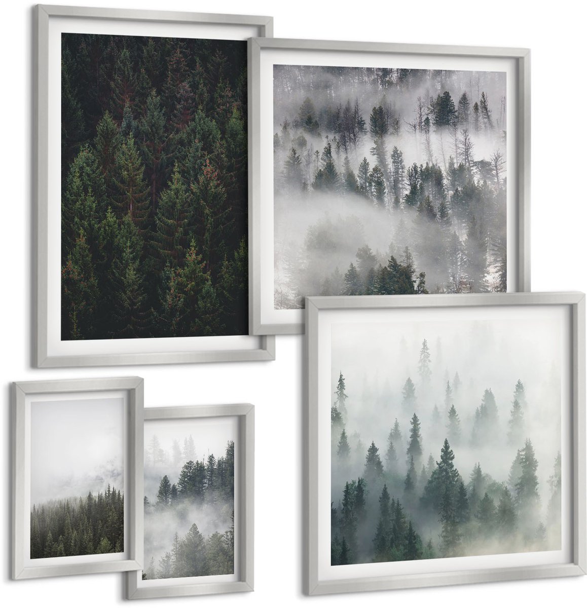 TULUP 4-Delige Schilderij Set - Groene bossen, mistige landschappen, natuurlijke uitzichten. - 50 x 50 cm, 20 x 30 cm en 40 x 60 cm - Wanddecoratie - Schilderijen Set - Kantoor - Woonkamer Decoratie Zilveren lijst