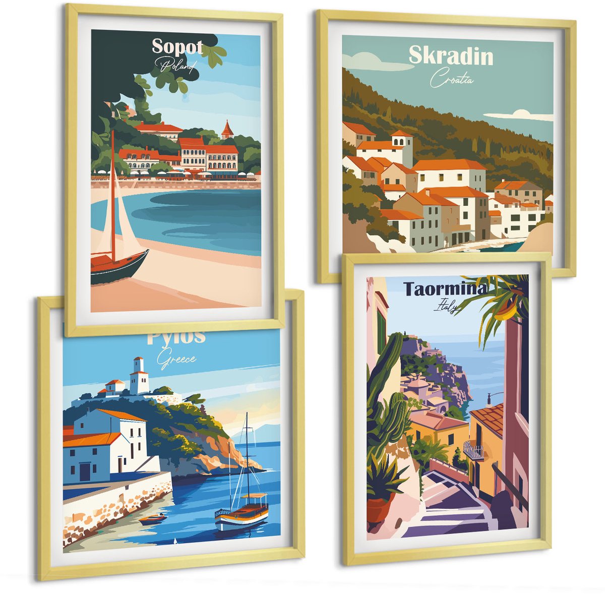 TULUP 4-Delige Schilderij Set - Uitzichten op kuststeden in stijlvolle illustraties - 40 x 40 cm en 40 x 60 cm - Schilderijen Set - Wanddecoratie - Woonkamer Gouden lijst