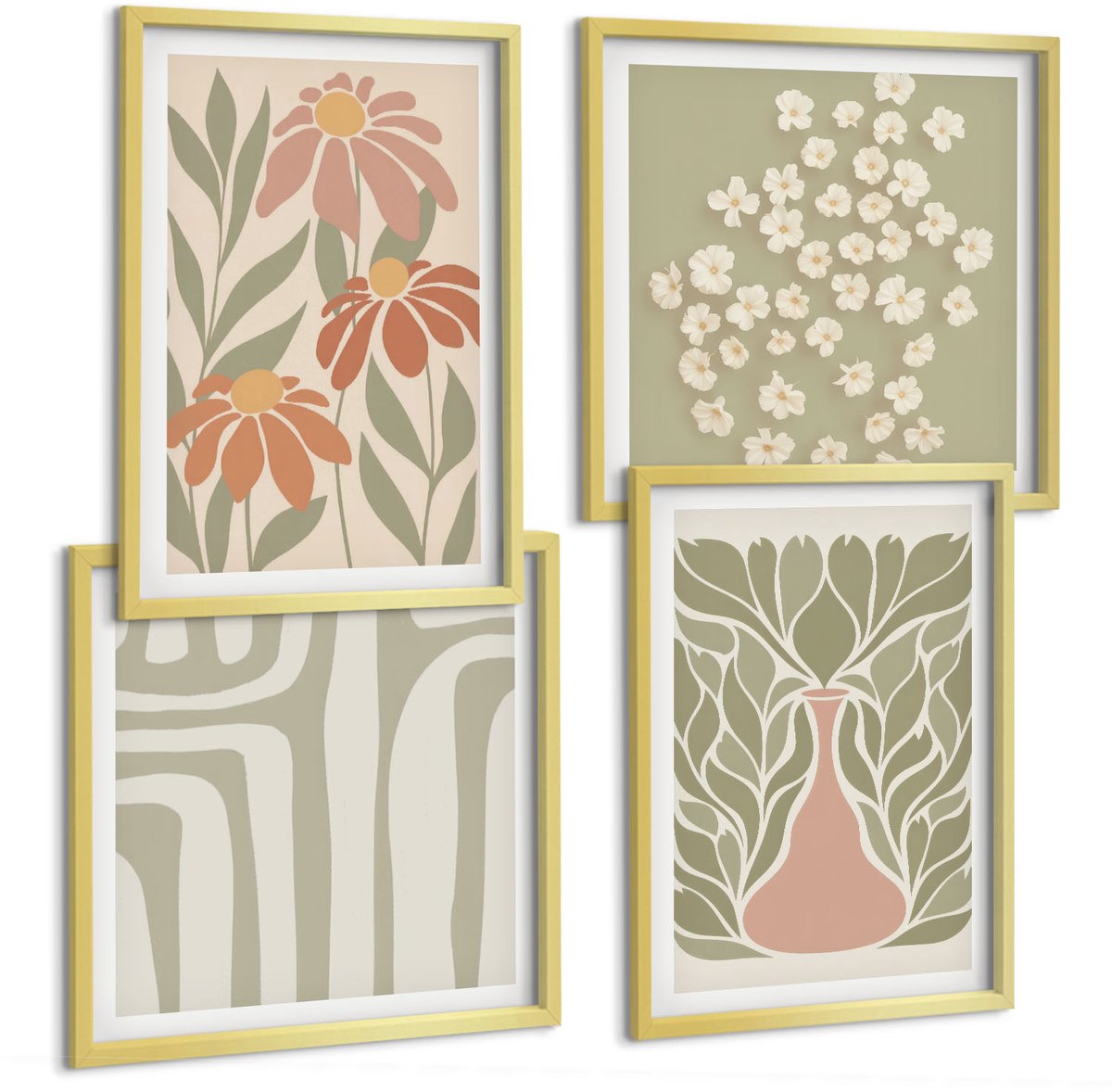 TULUP 4-Delige Schilderij Set - Bloemmotieven, minimalistische patronen, boho-stijl - 40 x 40 cm en 40 x 60 cm - Wanddecoratie - Muurdecoratie - Moderne Interieurdecoratie Gouden lijst