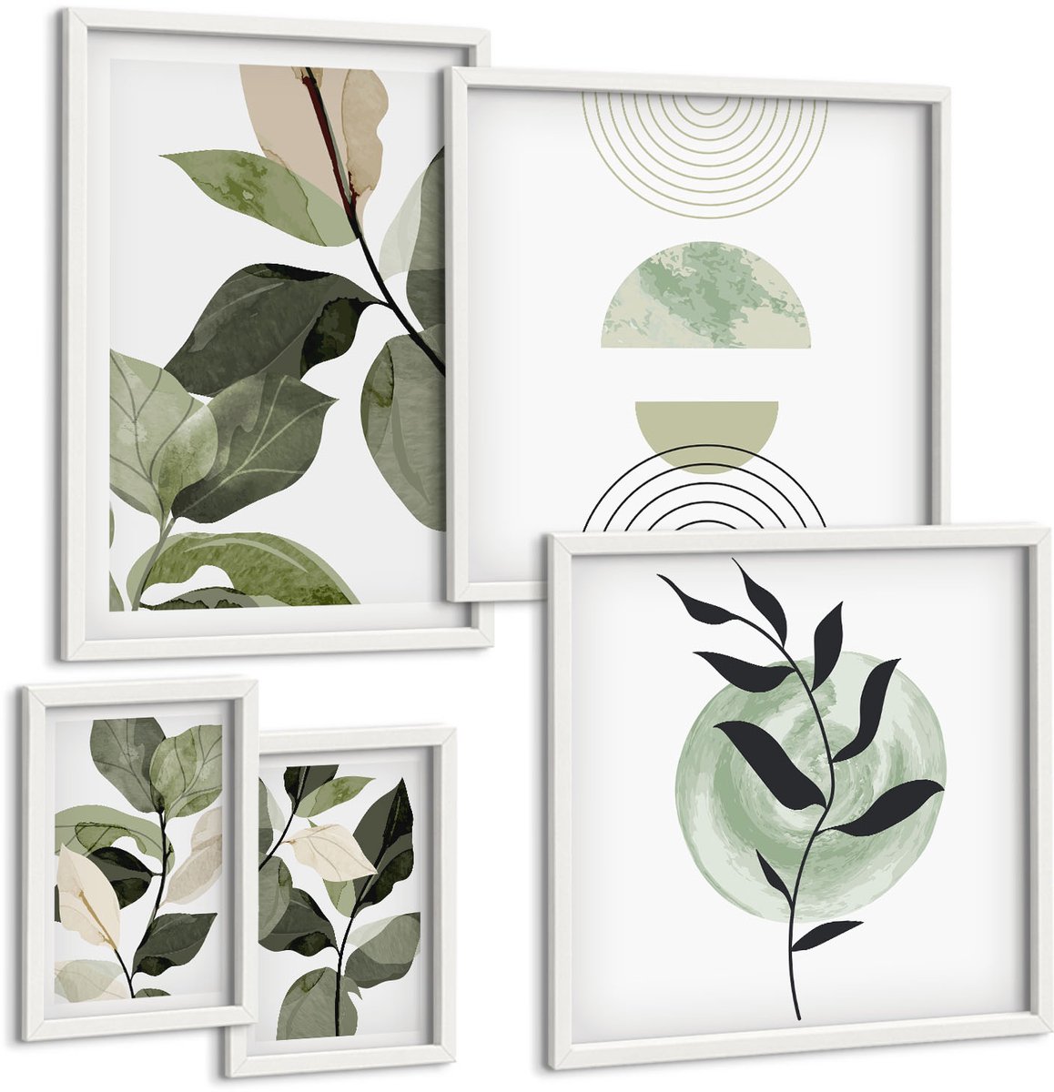 Tulup 4-Delige Schilderij Set - Plantenmotieven in Scandinavische stijl met groen en grafische elementen. - 50 x 50 cm, 20 x 30 cm en 40 x 60 cm - Decoratieve Muurdecoratie - Slaapkamer - Woonkamer Decoratie