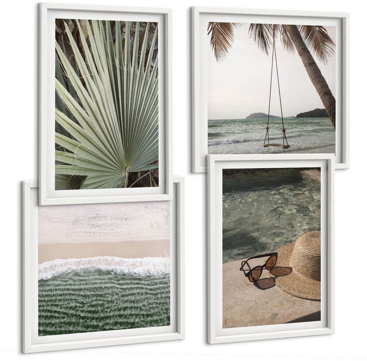 Tulup 4-Delige Schilderij Set - Vakantie aan het strand met palmbladerenschommel - 40x40 en 40x60 - Moderne Wanddecoratie - Slaapkamer