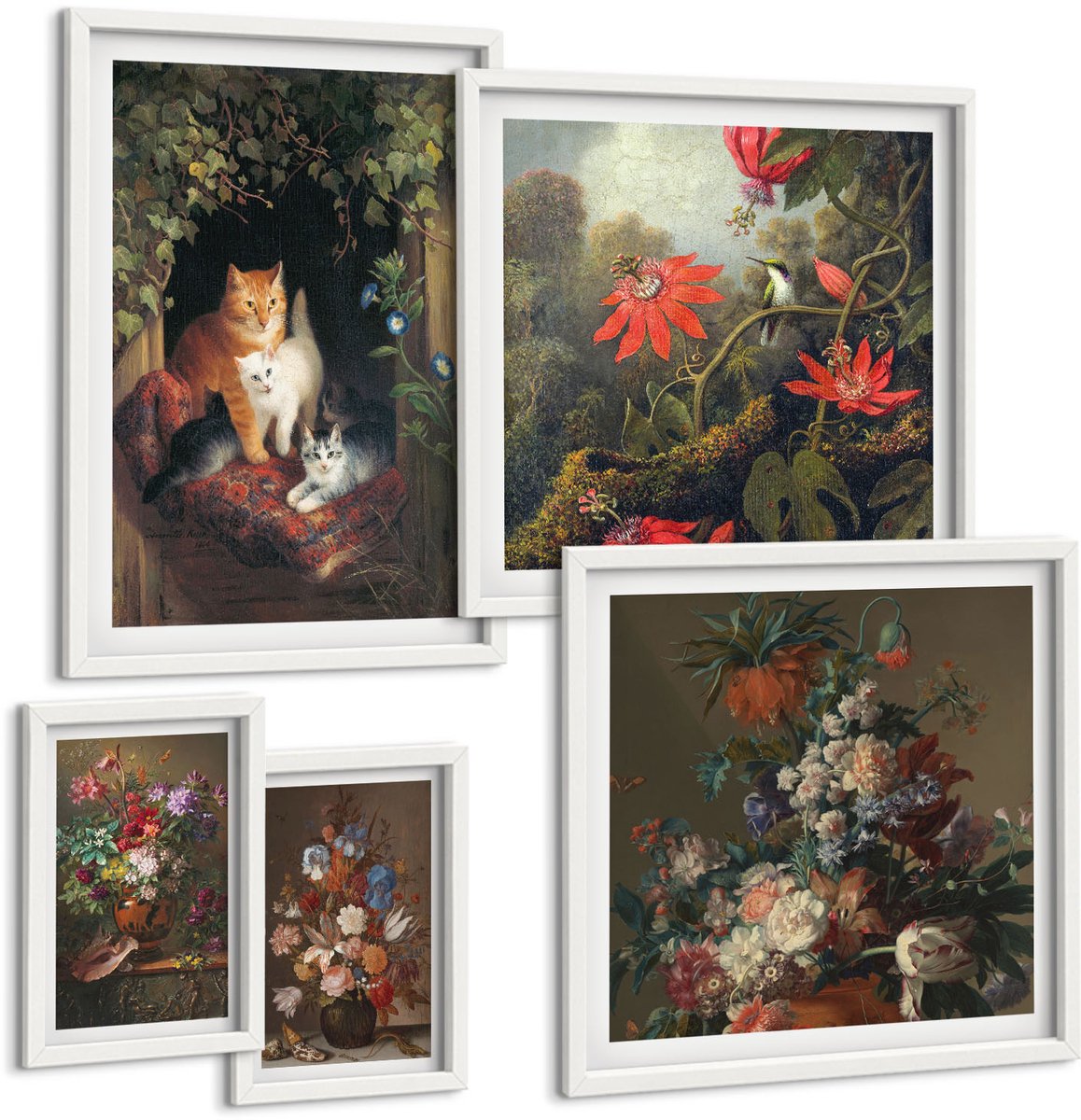 Tulup 4-Delige Schilderij Set - Bloemstukken en schattige vintage katten - 50 x 50 cm, 20 x 30 cm en 40 x 60 cm - Decoratieve Schilderijen - Woonkamer - Interieur - Woonkamer Decoratie