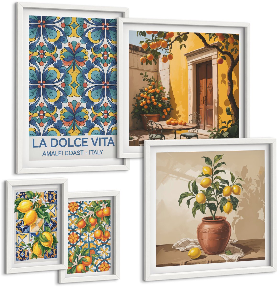 Tulup 4-Delige Schilderij Set - Italiaanse citrusmotieven in mediterrane stijl - 50 x 50 cm, 20 x 30 cm en 40 x 60 cm - Moderne Wanddecoratie - Woonkamer - Woonkamer Decoratie