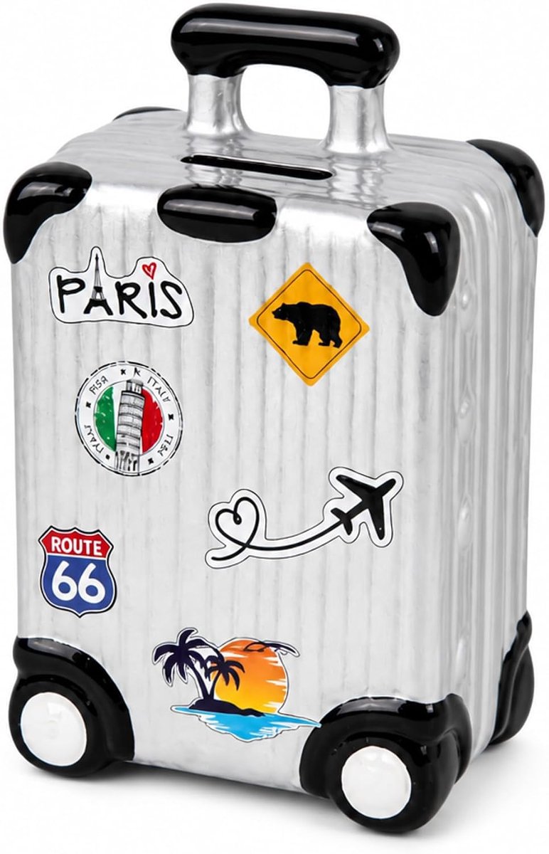 Koffer spaarpot reiskassa - vakantiekassa - reiskoffer in retro design - geldgeschenk vakantie - 15 x 11 cm (zilver) - ShopVlot