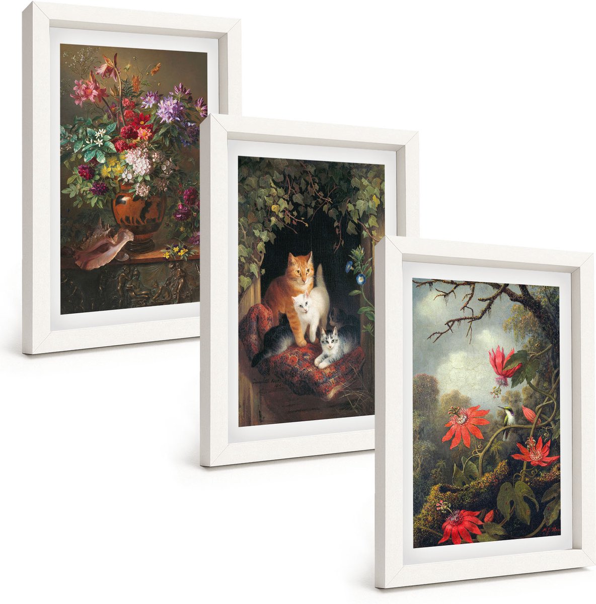 Tulup 3-Delige Schilderij Set - Vintage bloemen, katten en planten in de natuur - 20x30 - Muurdecoratie - Decoratieve Schilderijen - Wohnzimmer - Interieur Decoratie