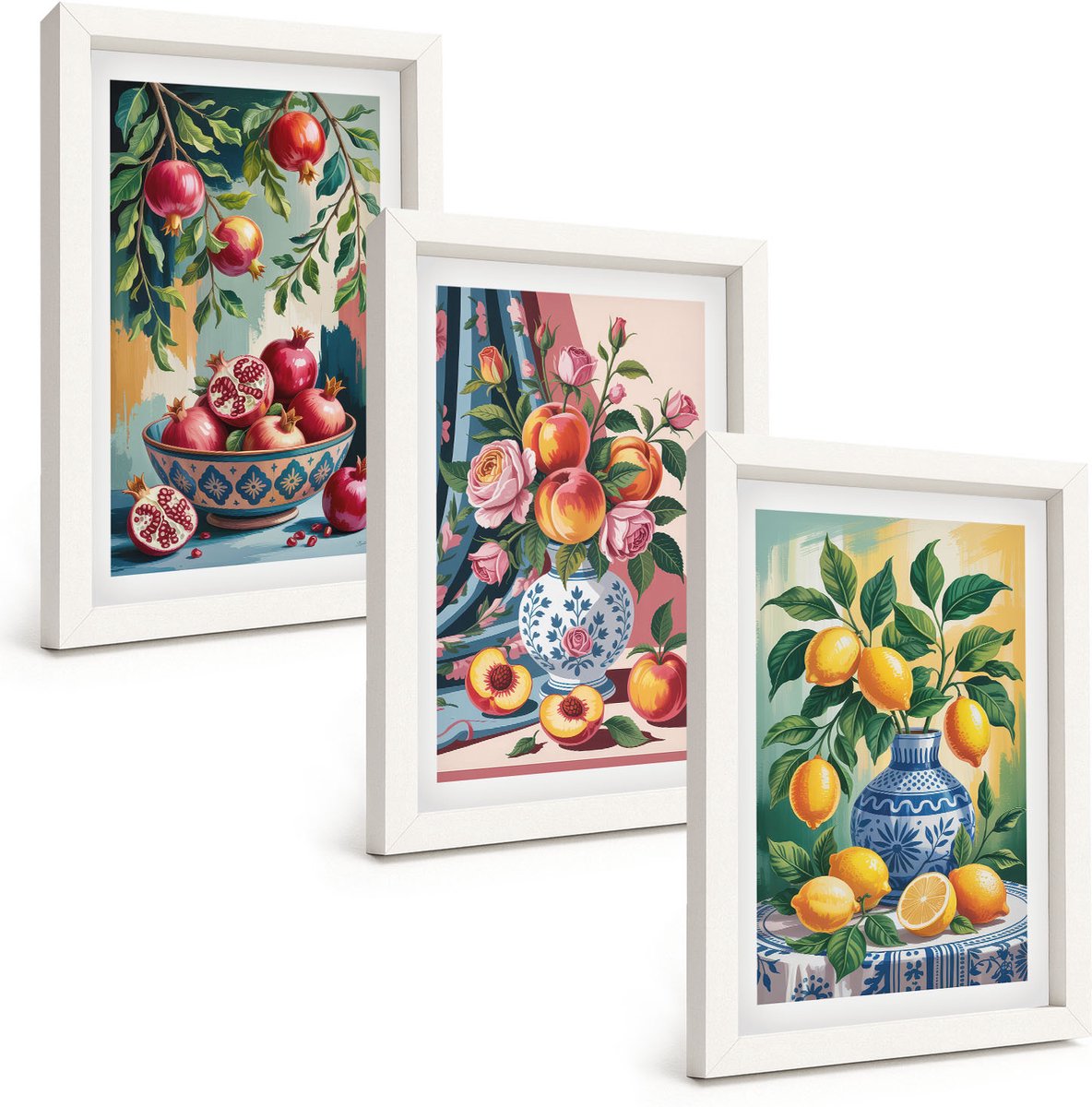 Tulup 3-Delige Schilderij Set - Geschilderde bloemen en fruit in vazen - 20x30 - Moderne Wanddecoratie - Woonkamer - Muurdecoratie