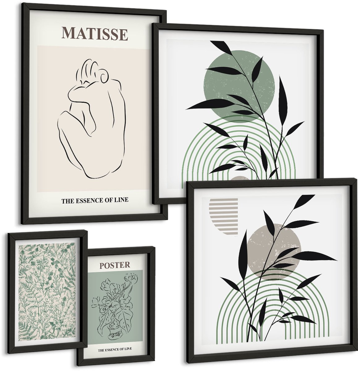 Tulup 4-Delige Schilderij Set - Stijlvolle afbeeldingen met plantmotieven en lijnen. - 50 x 50 cm, 20 x 30 cm en 40 x 60 cm - Wanddecoratie - Moderne Interieurdecoratie - Muurdecoratie