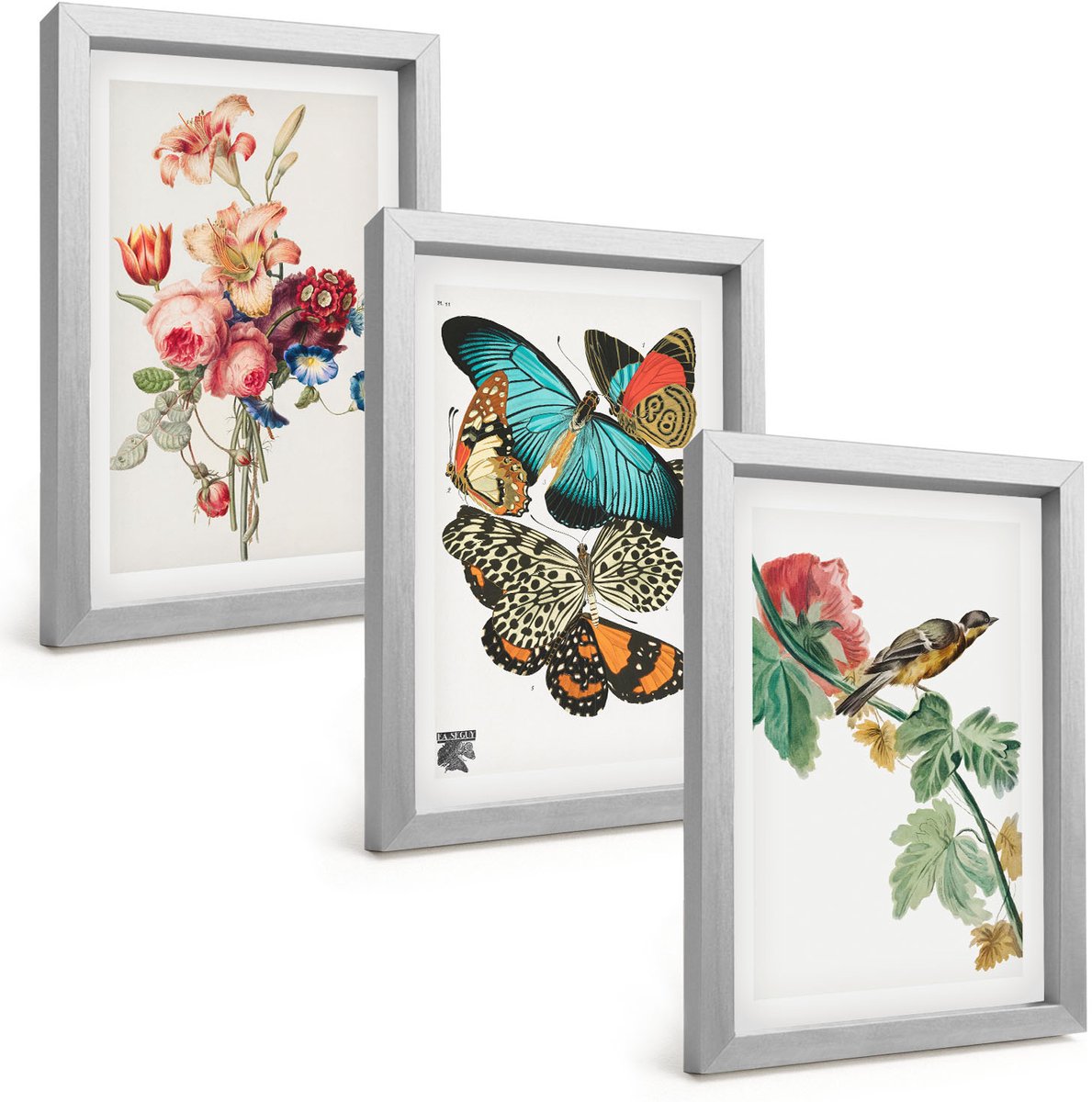 Tulup 4-Delige Schilderij Set - Bloemen, vlinders en vogels in pasteltinten - 20 x 30 cm - Muurdecoratie - Decoratieve Schilderijen - Wohnzimmer - Interieur Decoratie