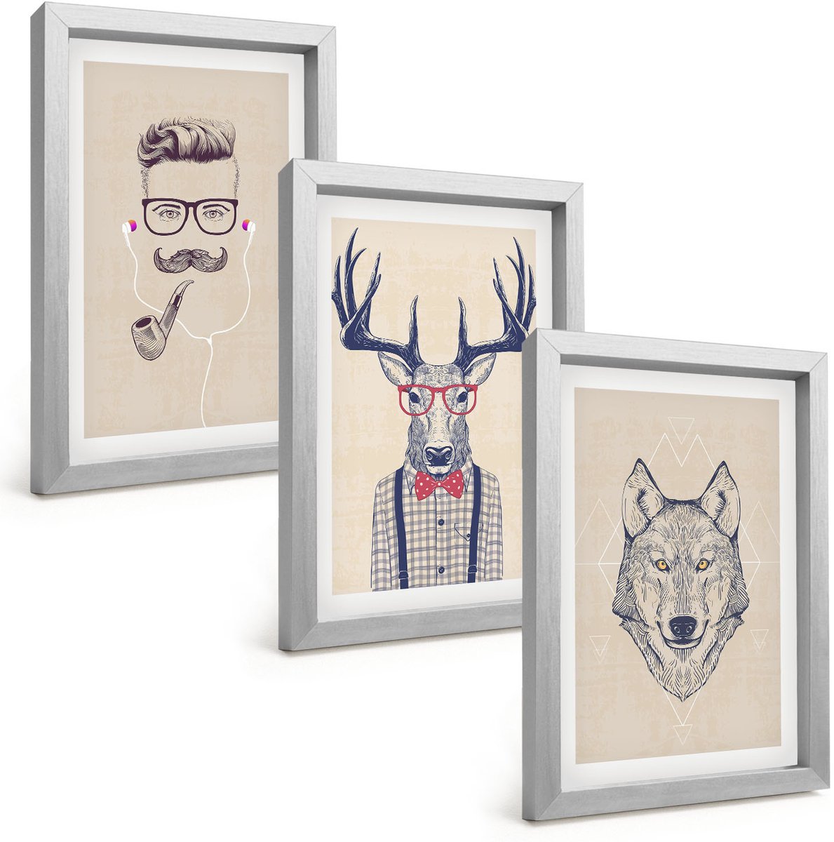 Tulup 4-Delige Schilderij Set - Stijlvolle portretten van dieren en mannen - 20 x 30 cm - Schilderijen Set - Wanddecoratie - Woonkamer - Muurdecoratie