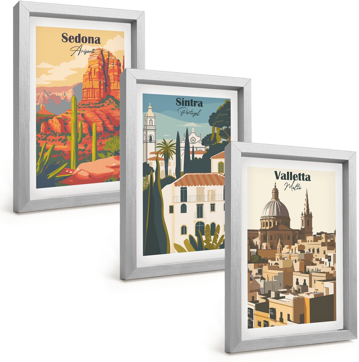 Tulup 4-Delige Schilderij Set - Stadsgezichten in retrostijl van Sedona, Sintra en Valletta - 20 x 30 cm - Muurdecoratie - Wanddecoratie - Slaapkamer - Woonkamer Decoratie