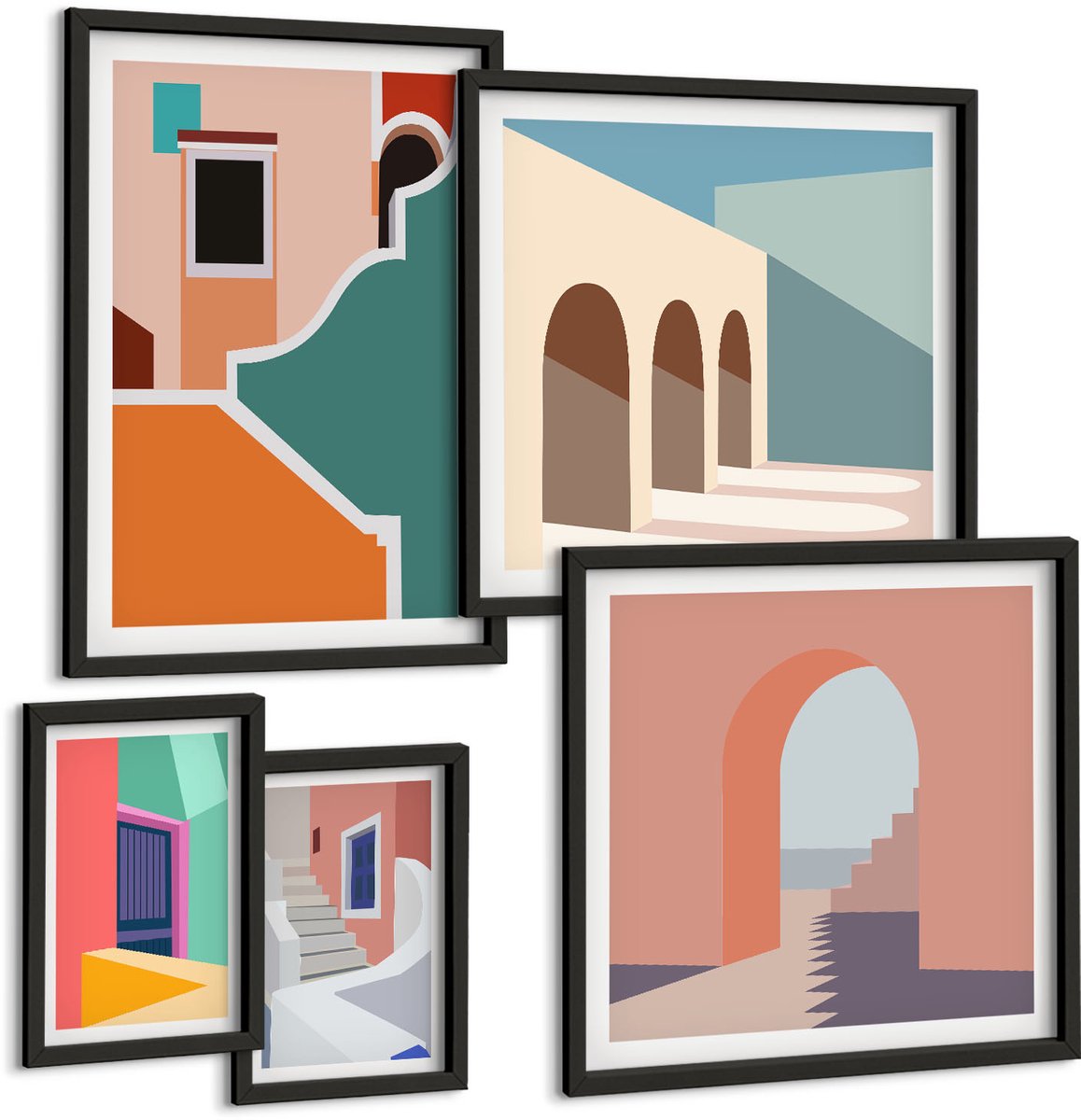 Tulup 4-Delige Schilderij Set - Kleurrijke illustraties van gebouwen in een moderne stijl. - 50 x 50 cm, 20 x 30 cm en 40 x 60 cm - Wanddecoratie - Schilderijen Set - Kantoor - Moderne Wanddecoratie