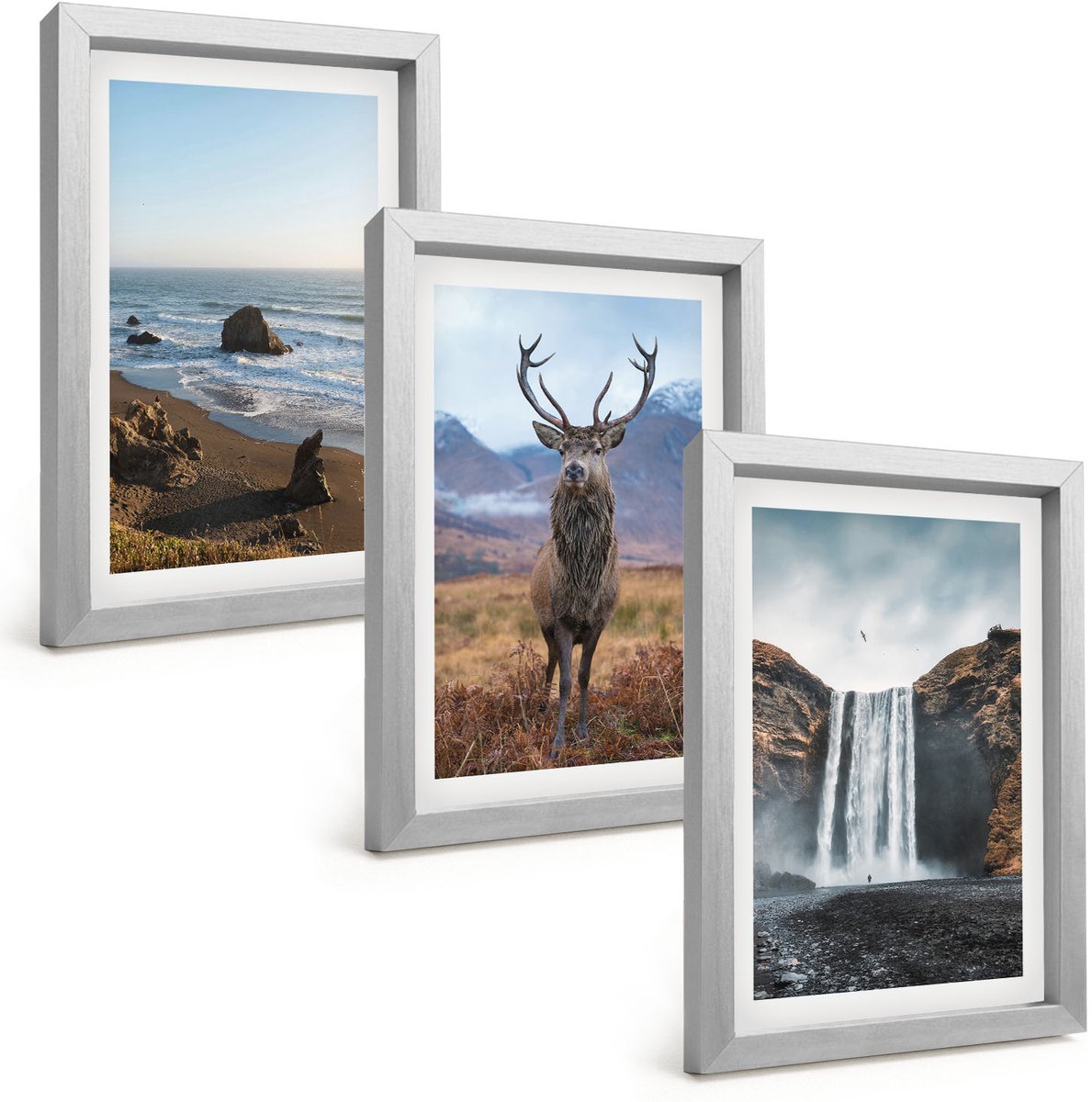 Tulup 4-Delige Schilderij Set - Berglandschappen met waterval, herten en strand - 20 x 30 cm - Stijlvolle Muurdecoratie - Kantoor - Decoratieve Schilderijen