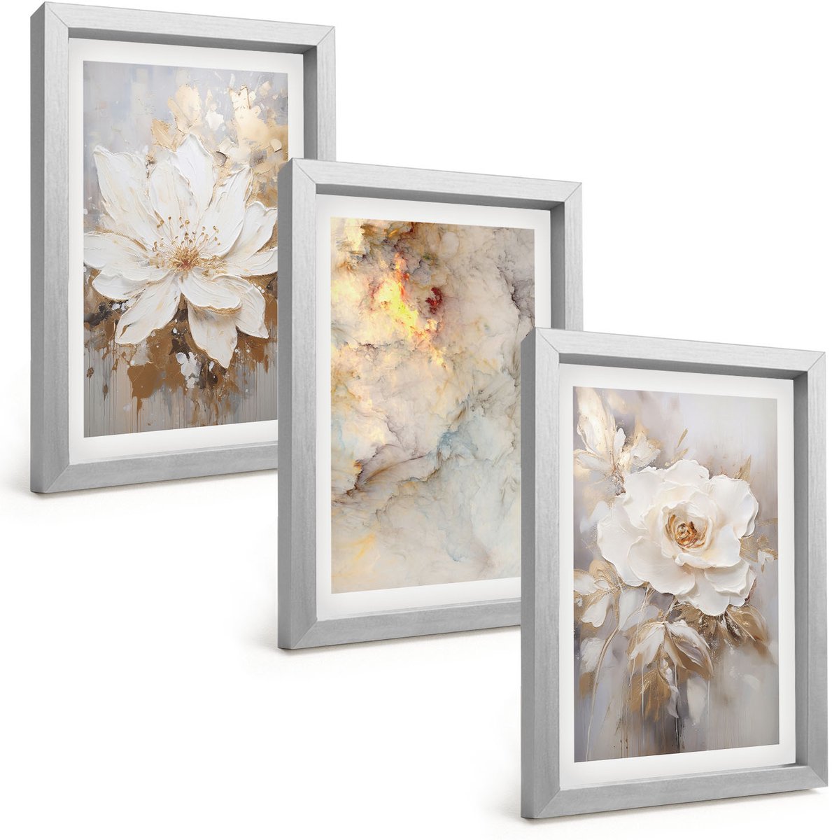 Tulup 4-Delige Schilderij Set - Bloemen op een lichte achtergrond met abstracte patronen. - 20 x 30 cm - Stijlvolle Muurdecoratie - Kantoor