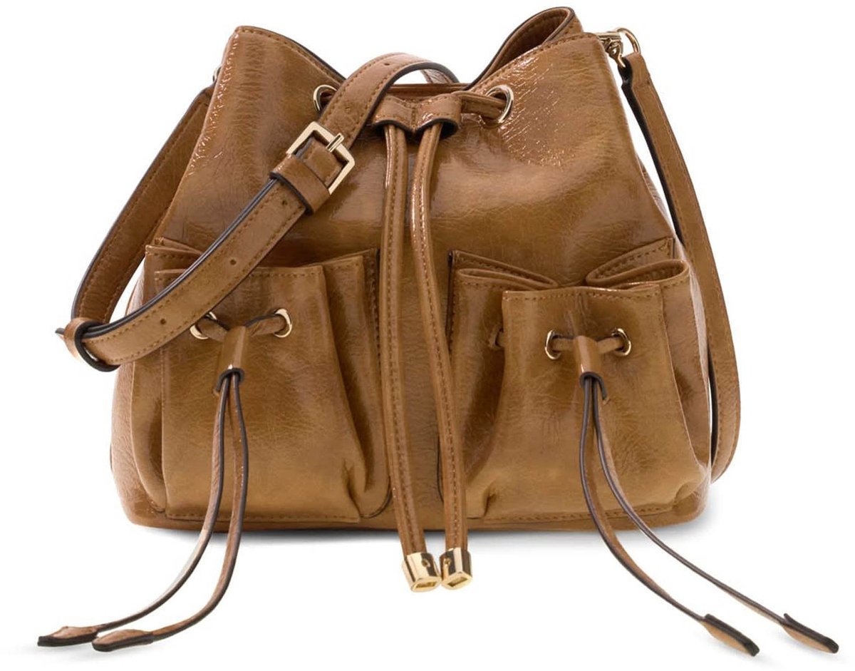 GUESS schoudertas Theodora Drawstring Bucket Cognac Lichtbruin