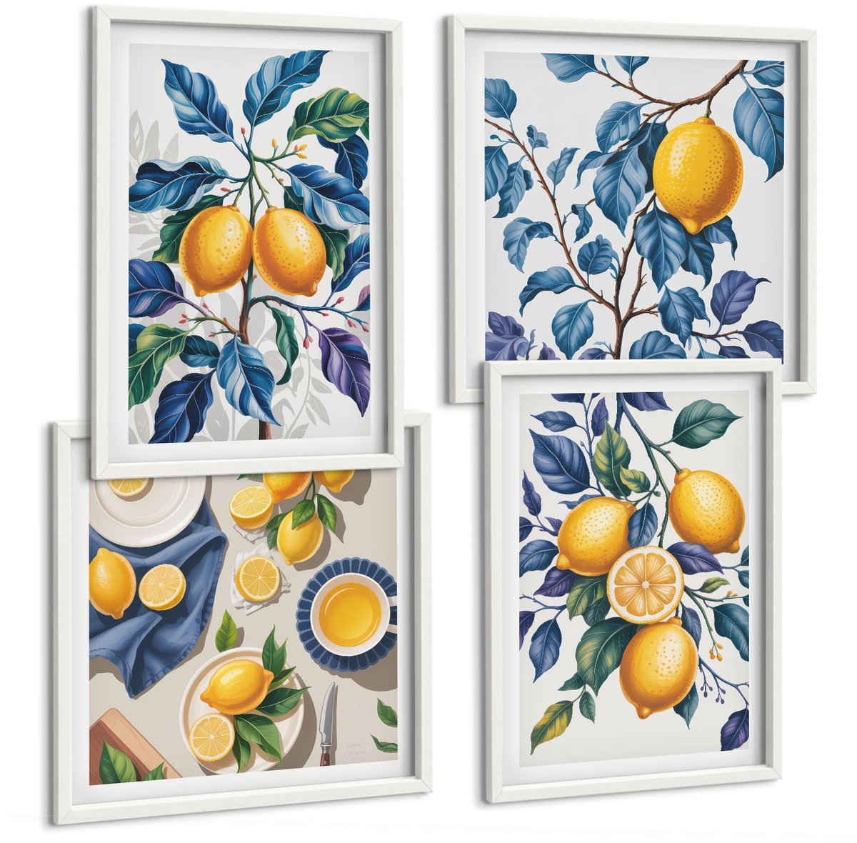 Tulup 4-Delige Schilderij Set - Citroenen aan takken met blauwe bladeren - 40x40 en 40x60 - Stijlvolle Muurdecoratie - Kantoor