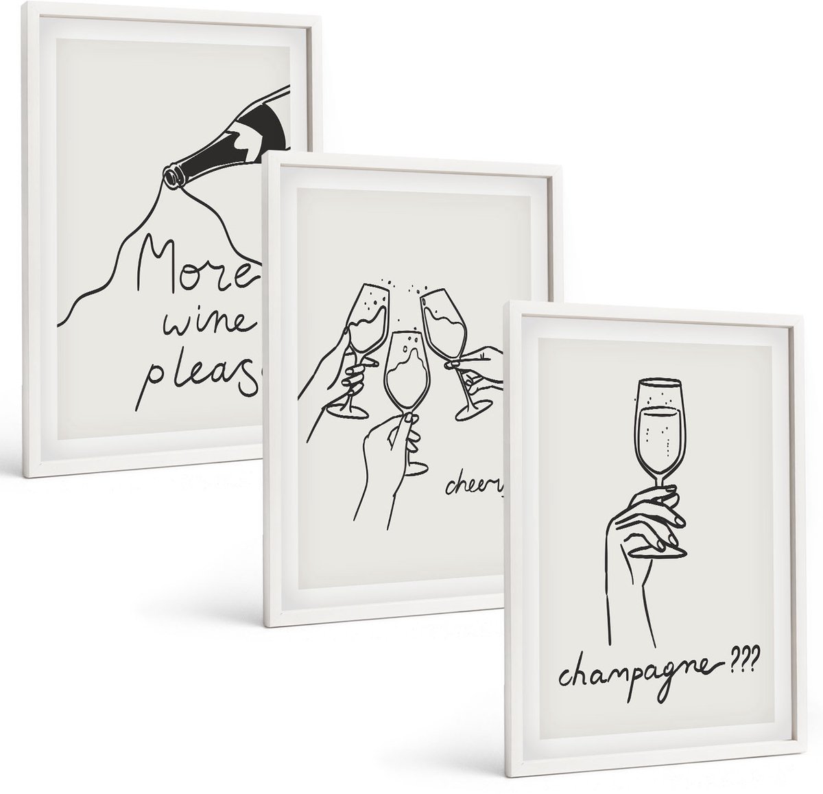 Tulup 3-Delige Schilderij Set - Vrolijke momenten met wijn en champagne - Lijntekening - 40x60 - Decoratieve Muurdecoratie - Slaapkamer - Wanddecoratie