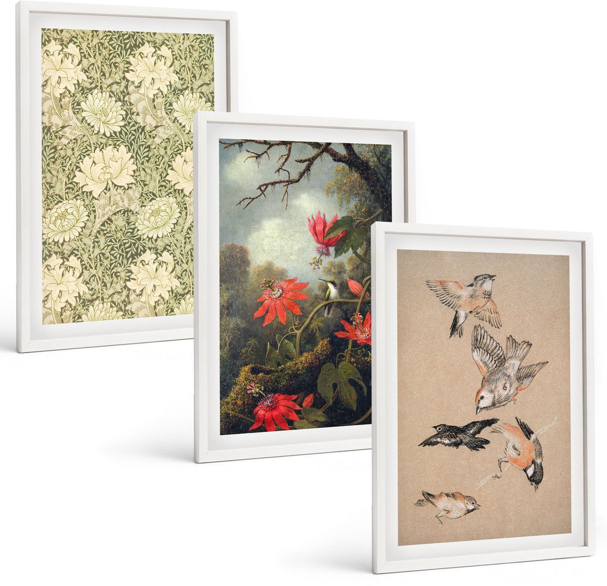 Tulup 3-Delige Schilderij Set - Bloemen en vogels in een natuurlijke omgeving - 40x60 - Wanddecoratie - Moderne Interieurdecoratie - Muurdecoratie
