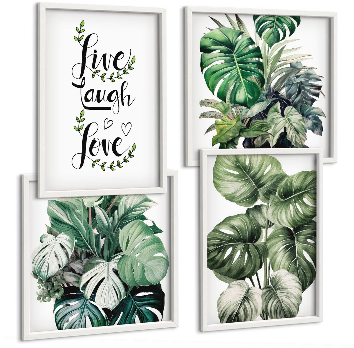 Tulup 4-Delige Schilderij Set - Bladrijke planten met de woorden Leef, Lach, Houd van - 40x40 en 40x60 - Decoratieve Schilderijen - Wanddecoratie - Hal - Woonkamer Decoratie