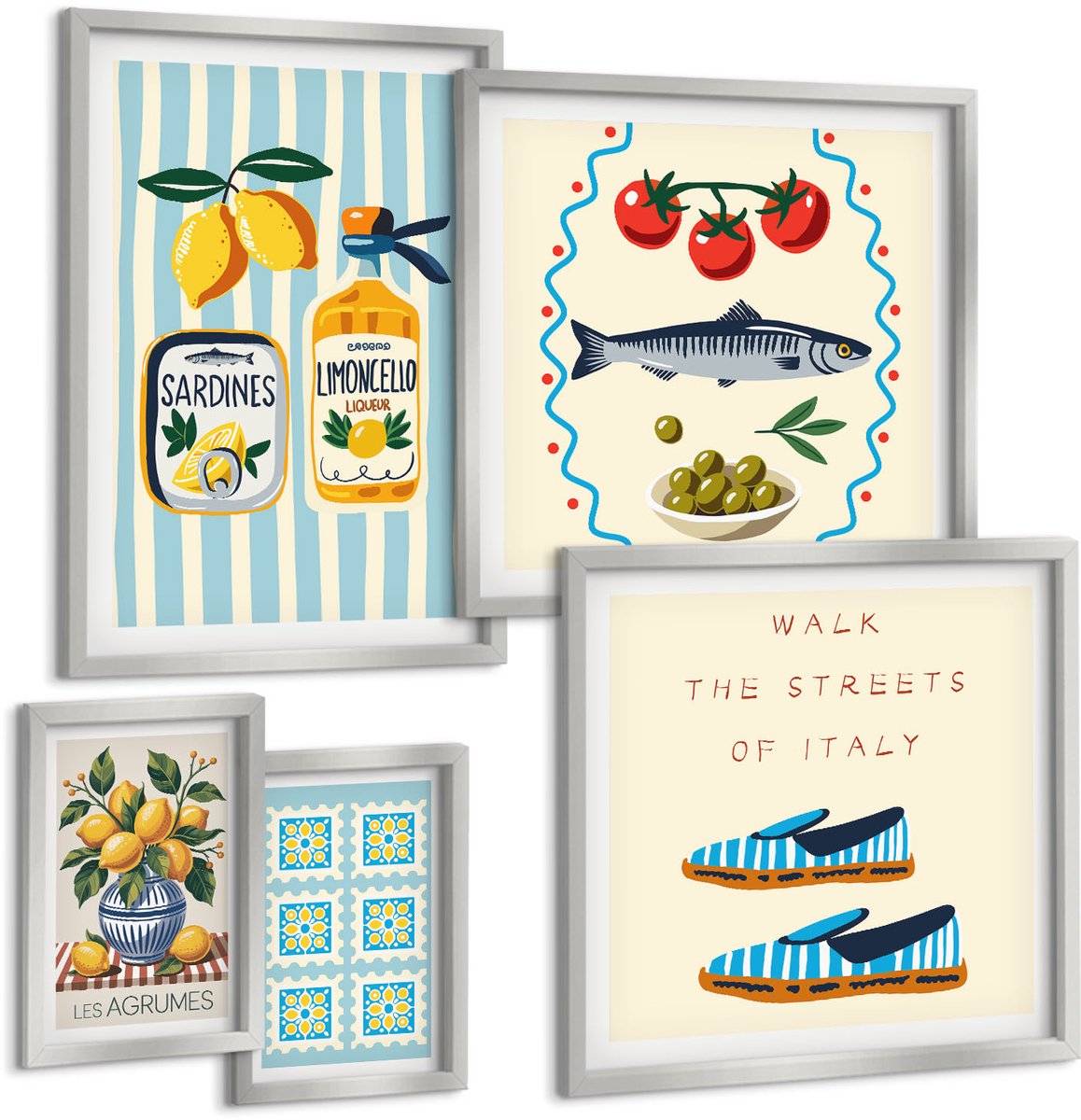 TULUP 4-Delige Schilderij Set - Keukeninspiratie uit Italië: citrusvruchten en zeevruchten - 50 x 50 cm, 20 x 30 cm en 40 x 60 cm - Stijlvolle Muurdecoratie - Kantoor - Interieur Decoratie Zilveren lijst