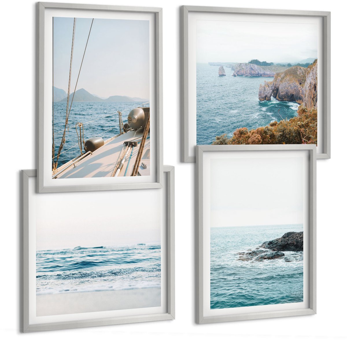 TULUP 4-Delige Schilderij Set - Kustgezichten en zeegezichten, delicate landschappen - 40 x 40 cm en 40 x 60 cm - Stijlvolle Muurdecoratie - Kantoor Zilveren lijst